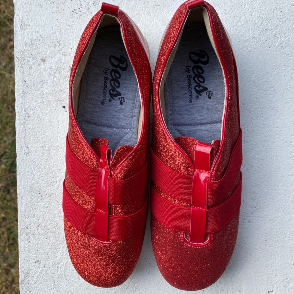 Red sparkly women’s slip on’s